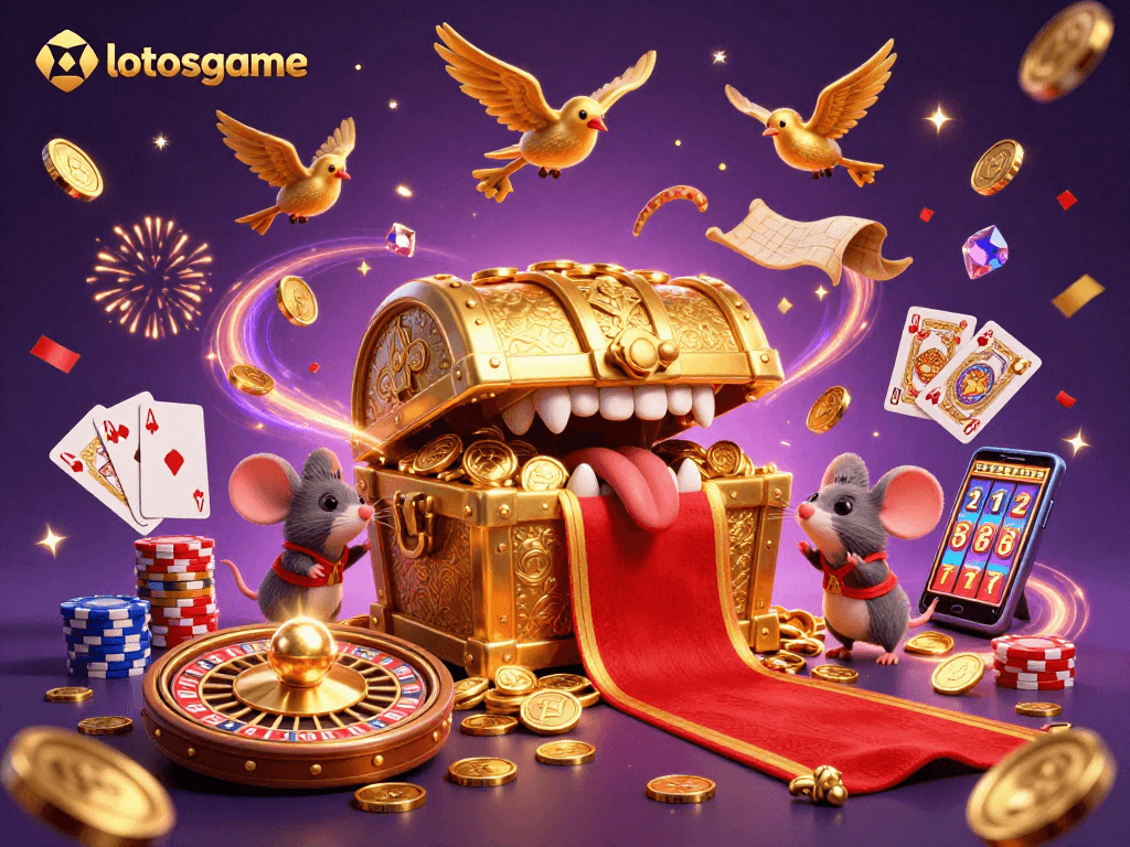 Engage with the thrill of slot machine wins at lotosgame, featuring dynamic scenes of treasures and gameplay.