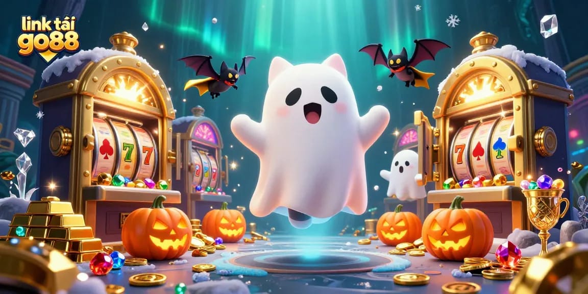 Engage with the exciting world of link tải go88, featuring a ghost cat, vampire bat, and glowing poker suit pumpkins amidst casino treasures.