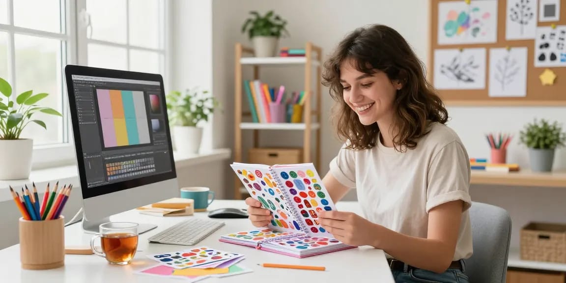 Vibrant workspace with woman designing a reusable sticker book surrounded by art supplies and natural light.
