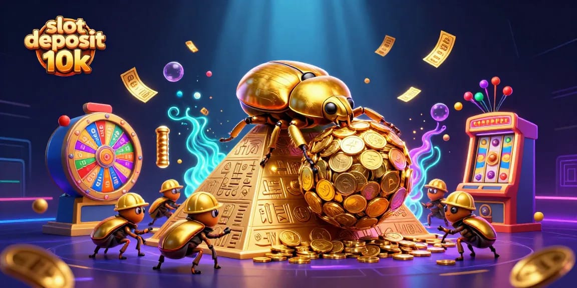 Engage with the slot deposit 10k excitement as golden coins roll and vibrant symbols bounce in a captivating casino scene.