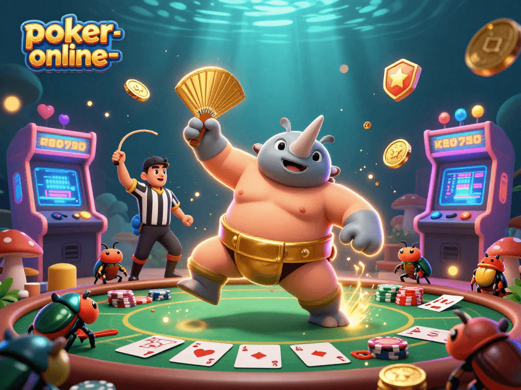 Engage in exciting poker play with poker-online-now featuring vibrant 3D artwork of beetle champions.