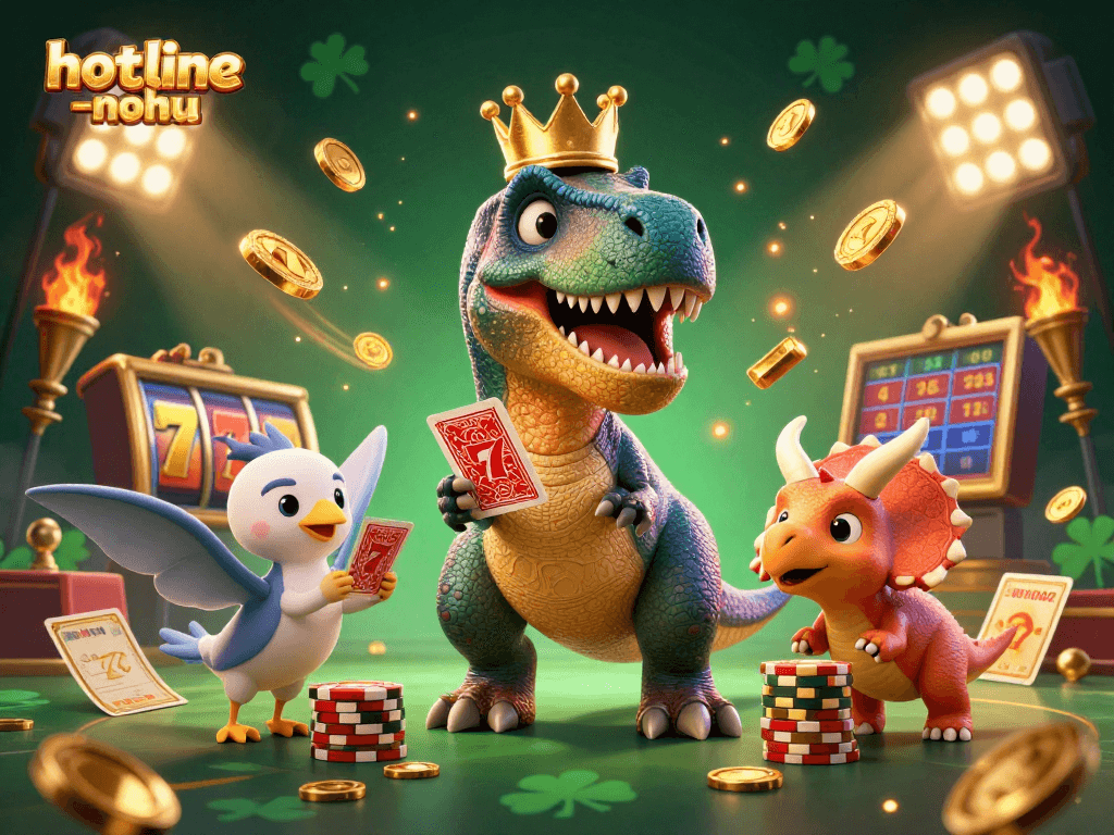 Experience thrilling gameplay with hotline-nohu as a friendly T-Rex shuffles cards amid dynamic casino elements.