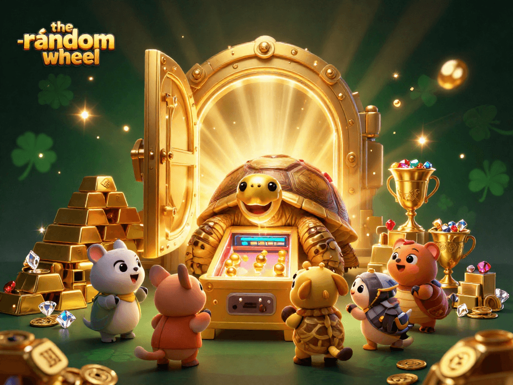 The random wheel spins in a vibrant scene with a golden tortoise, jewels, and treasure.