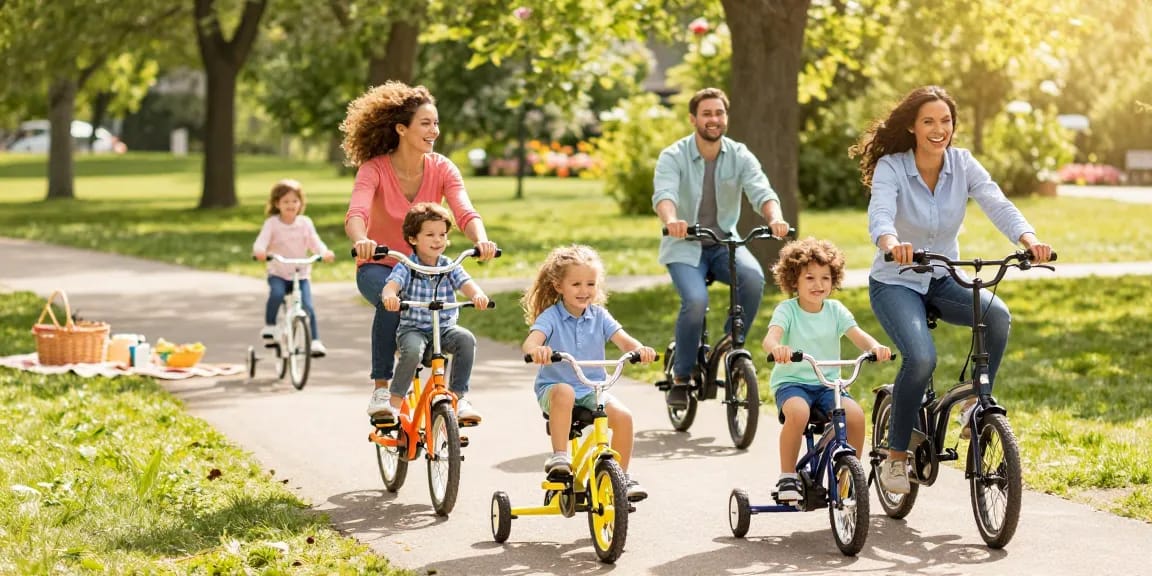 Happy family enjoying tricycles in the park on a sunny day.
