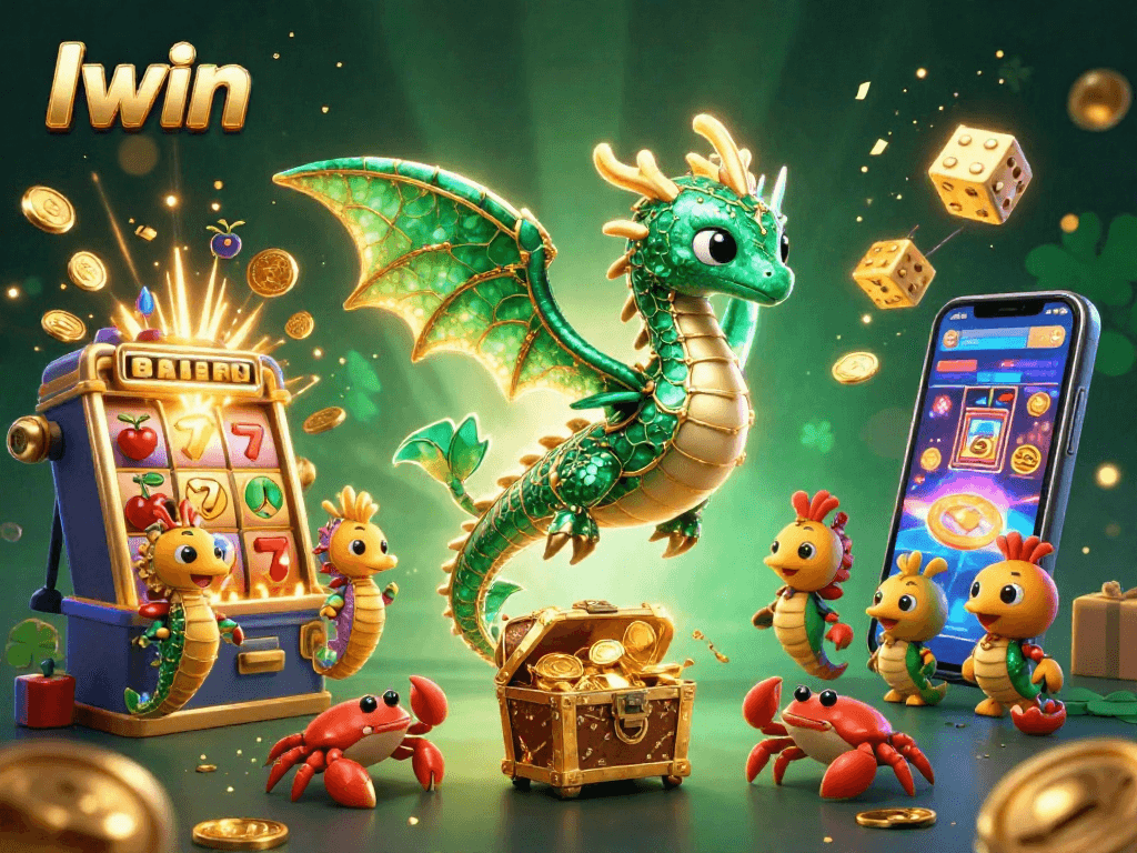 Iwin takes center stage in a vibrant casino scene with dragons, treasure, and slots.