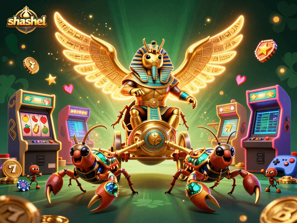 Experience shashel's thrilling casino atmosphere with a golden scarab and scorpions amidst vibrant games.