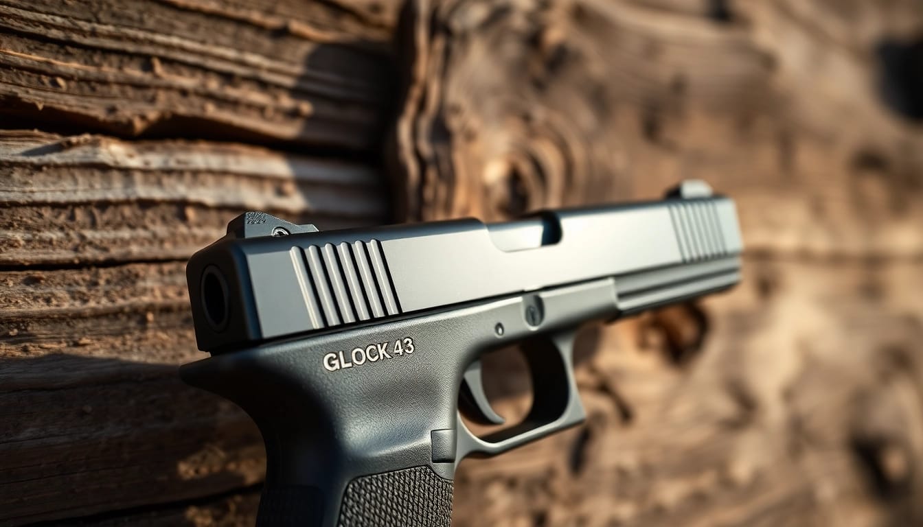 Close-up view of the glock 43 slide emphasizing its sleek design and craftsmanship.