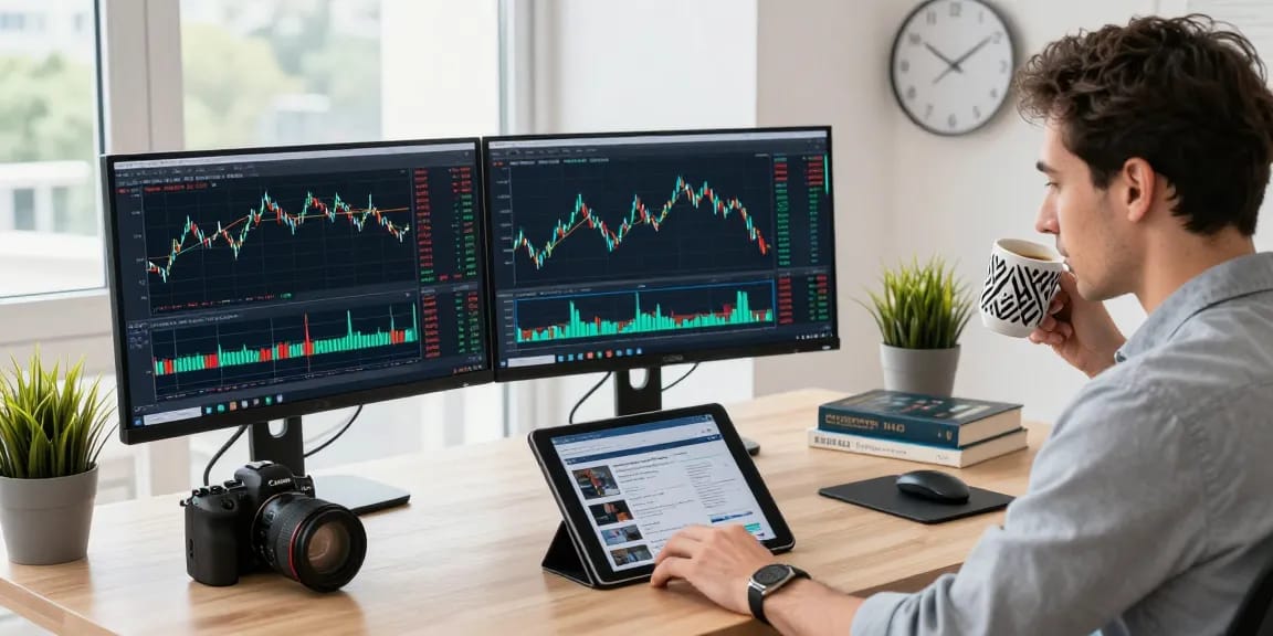 Trader analyzing forex charts on MetaTrader 4 in a tech-savvy workspace