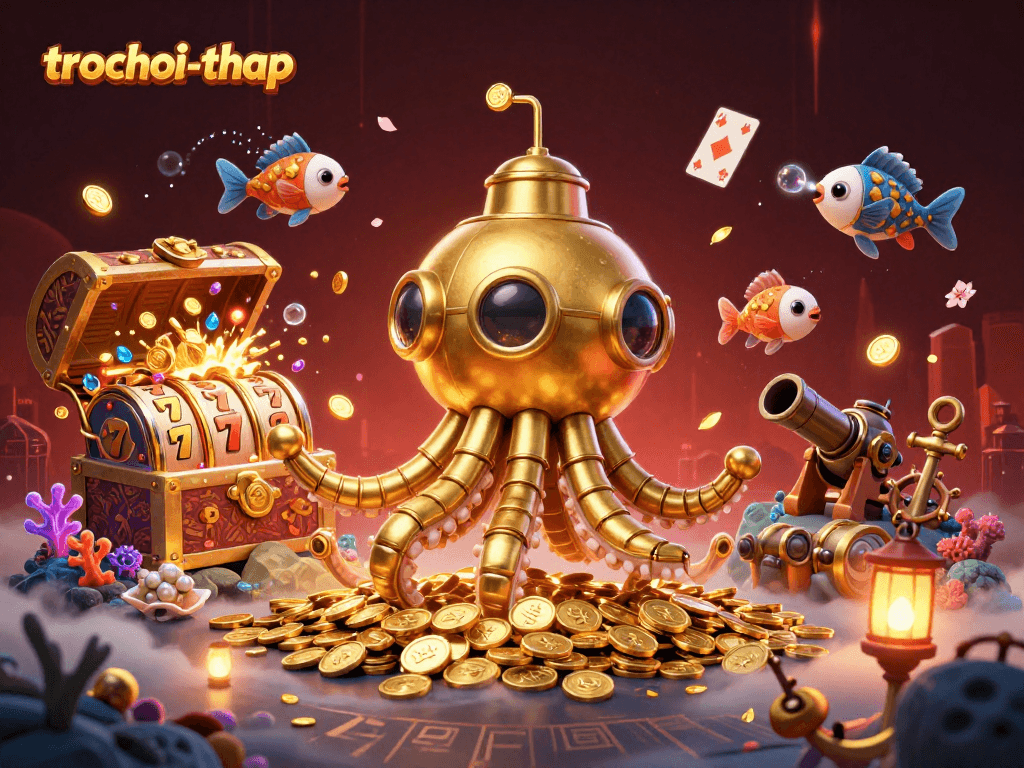Engage in thrilling trochoi-thap gameplay with a golden kraken submarine amidst treasures and excitement.