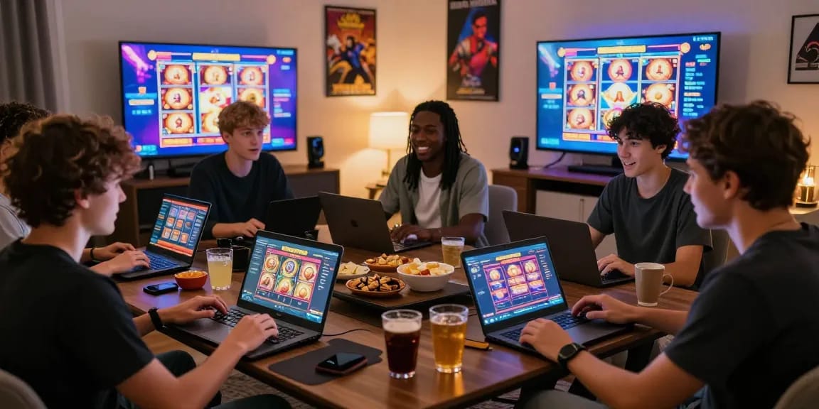 Players enjoying MPOCASH online slots in a lively home gaming setup.
