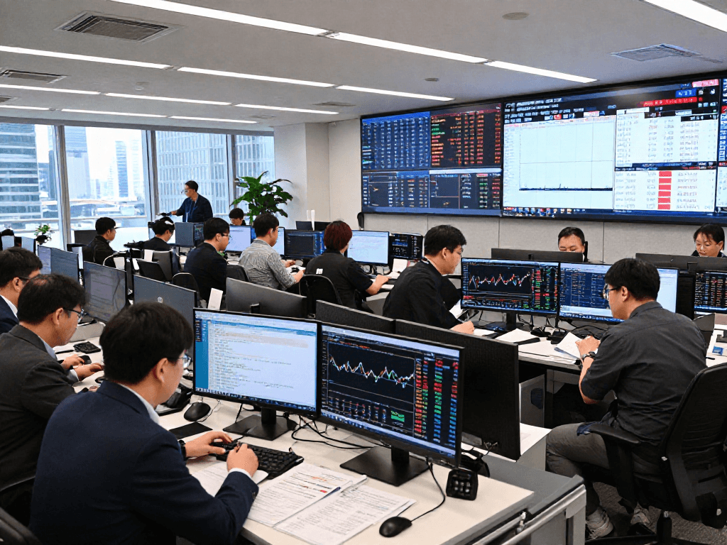KOSPI Index trading scene with diverse traders analyzing stock market data