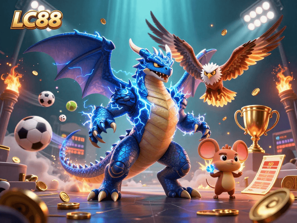 Experience the thrill of betting at LC88 with dynamic 3D characters and energetic casino elements in action.
