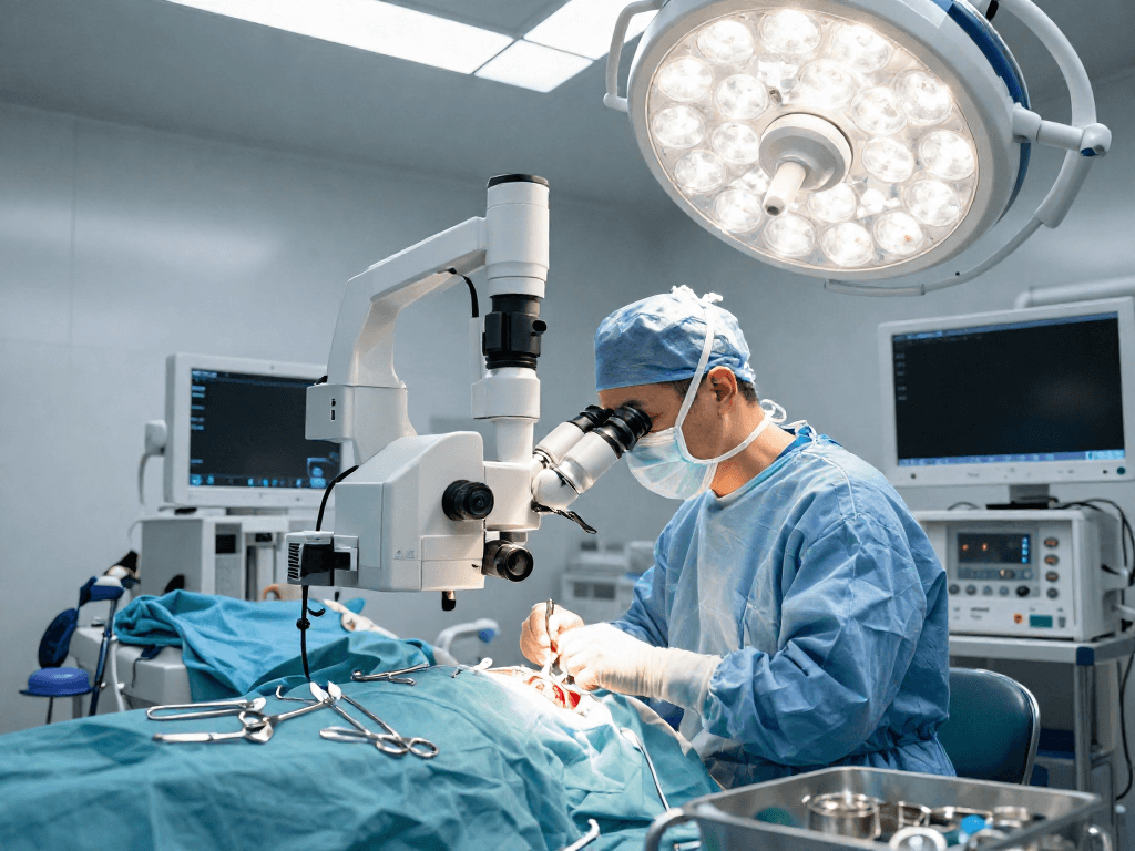 Beyin tümörü ameliyatı scene showing a skilled neurosurgeon in a modern surgical environment, focused on intricate surgery.