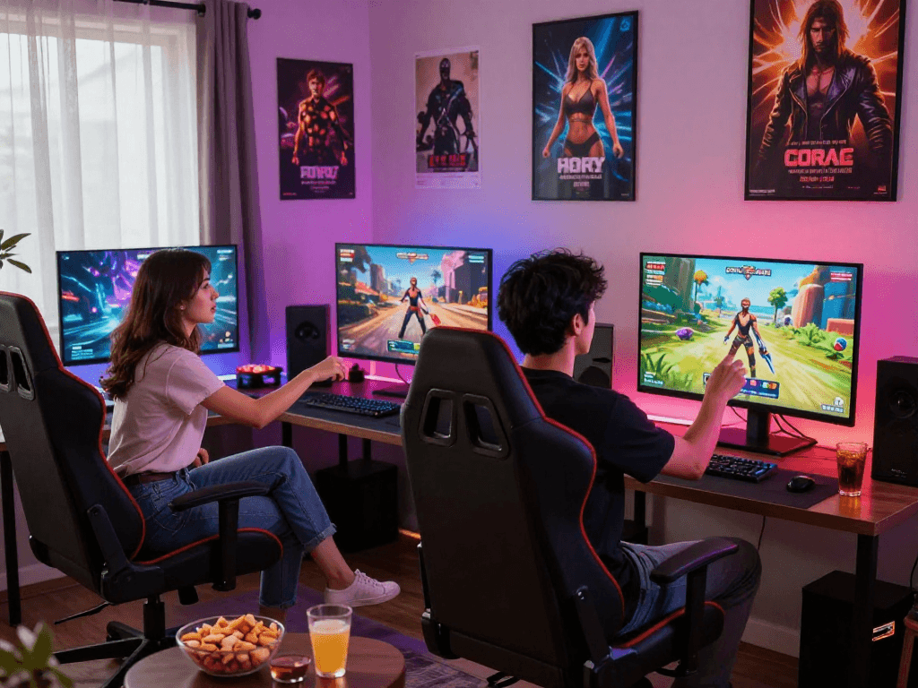 Engaged players enjoying a real sex game on high-resolution screens in a modern gaming setup.
