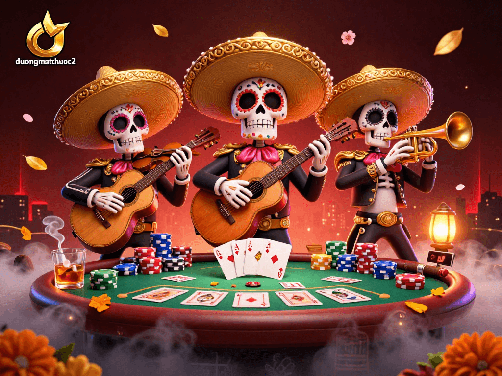 Engage with duongmatchuoc2 as lively mariachi skeletons entertain around a vibrant poker scene.