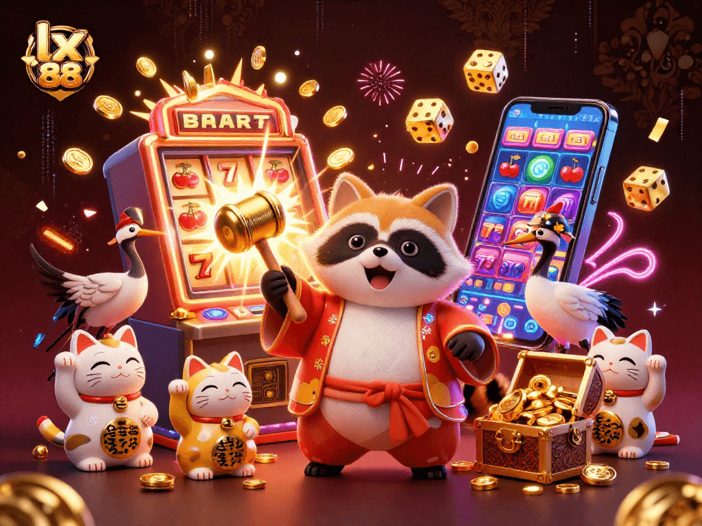 Experience the excitement of lx 88 with a dynamic casino scene featuring cheerful characters and gaming elements.
