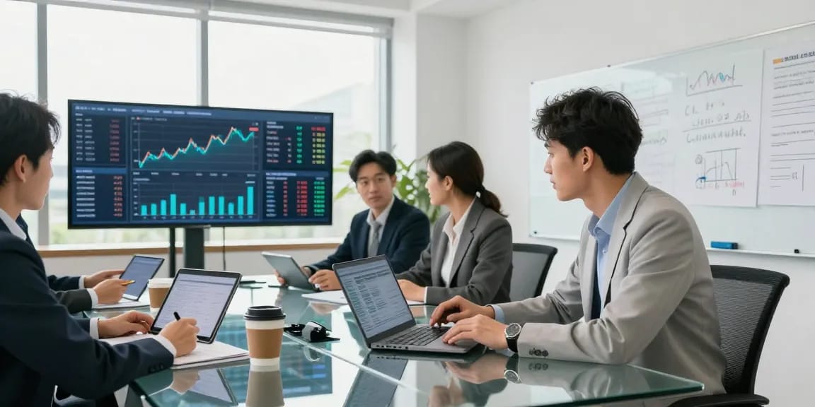 Business professional analyzing financial data while collaborating with colleagues in a modern office setting, highlighting cibc cmo.