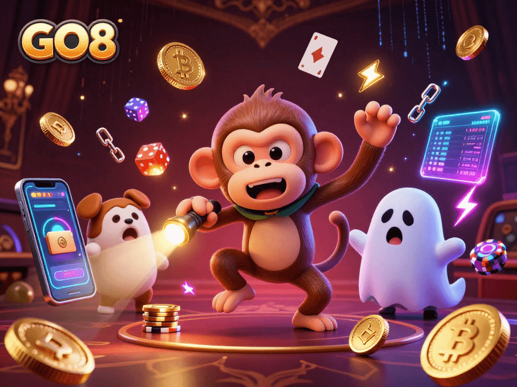 GO8’s vibrant casino illustration with playful ghostly monkey and curious puppy amidst bright crypto elements