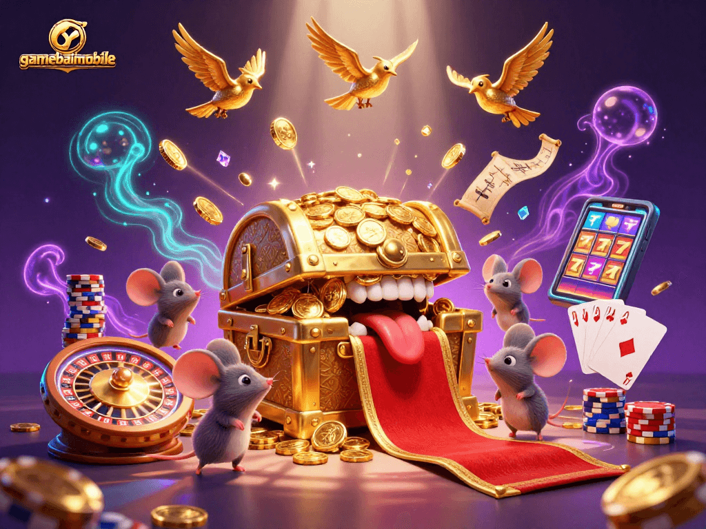 Spin the reels with gamebaimobile and unlock treasures in this vibrant casino illustration.