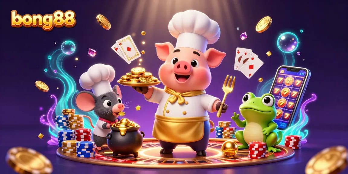 Experience the excitement of bong88 with a 3D casino scene full of vibrant games, coins, and characters.