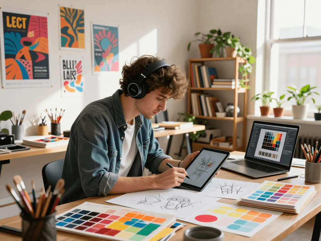 The creative workspace of a graphic designer featuring vibrant colors, the design process, and artistic elements focused on mantra88 inspiration.