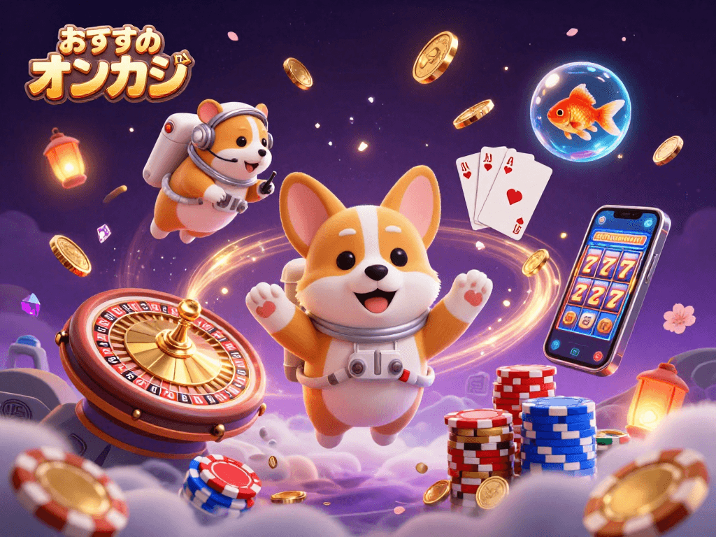 おすすめ オンカジで宇宙テーマのカジノ体験を漂うコーギーとハムスターが示すシーン