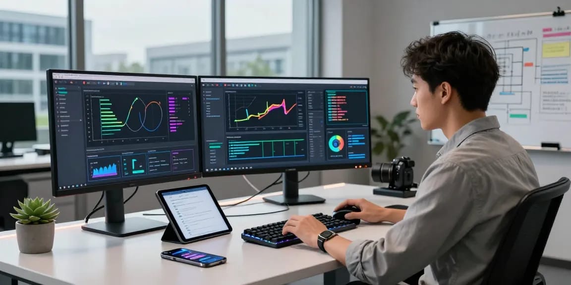 AI detector setup in a modern workspace analyzing content moderation metrics and algorithms.
