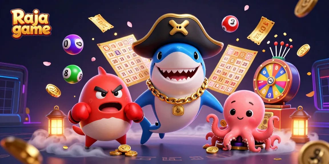 Engage in the thrilling Raja game experience through 3D illustration showcasing dynamic gambling elements and characters.