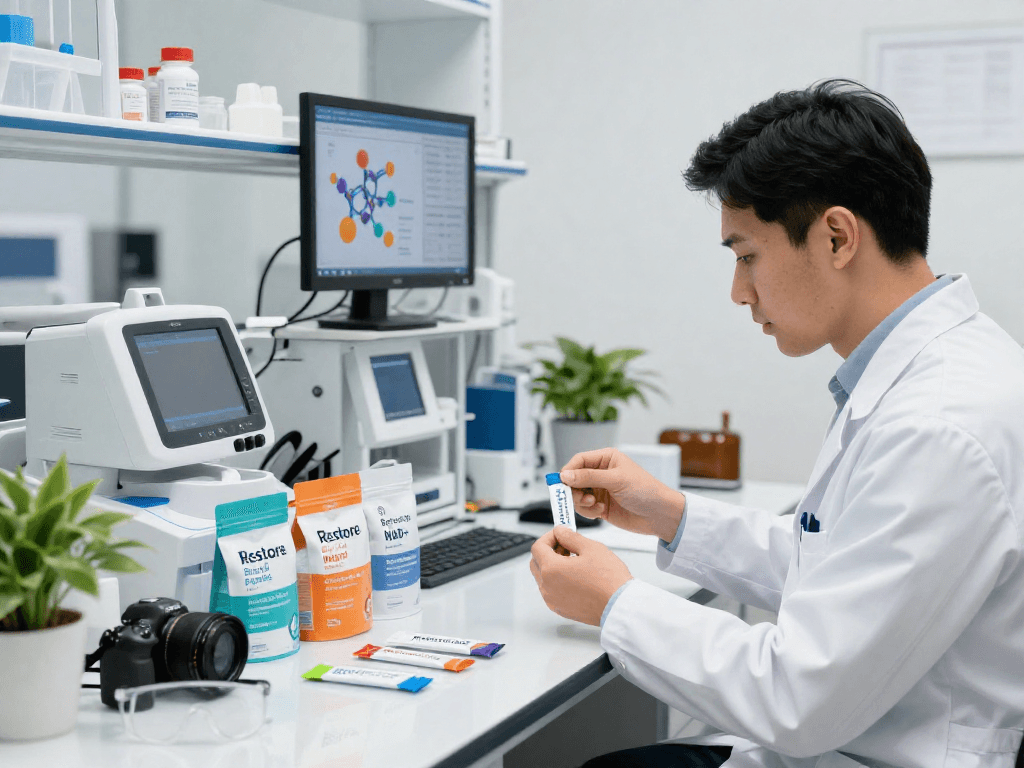 Scientist examining BPC 157 Side Effects in innovative buccal strip technology.