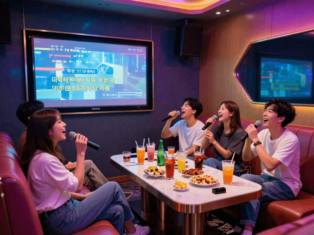 강남 유앤미 가라오케에서 즐거운 시간을 보내는 친구들 모습, 화려한 조명과 즐길 거리들이 가득한 프라이빗 룸