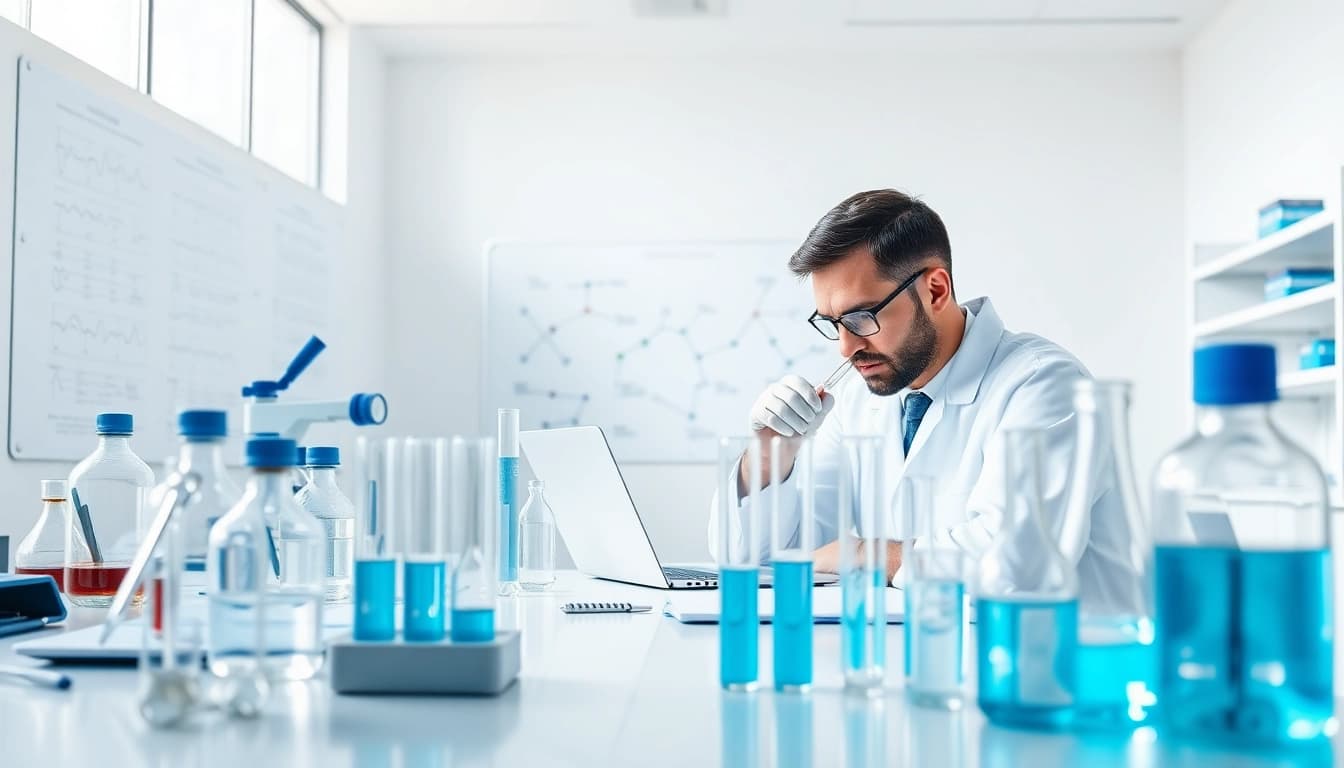 Scientist studying ion peptides in a professional lab setting with advanced equipment.