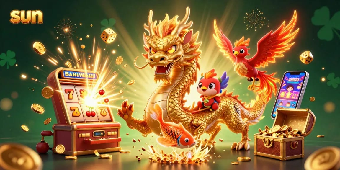 Spin the slots with sun-themed dragon and winning phoenix in a vibrant casino scene.
