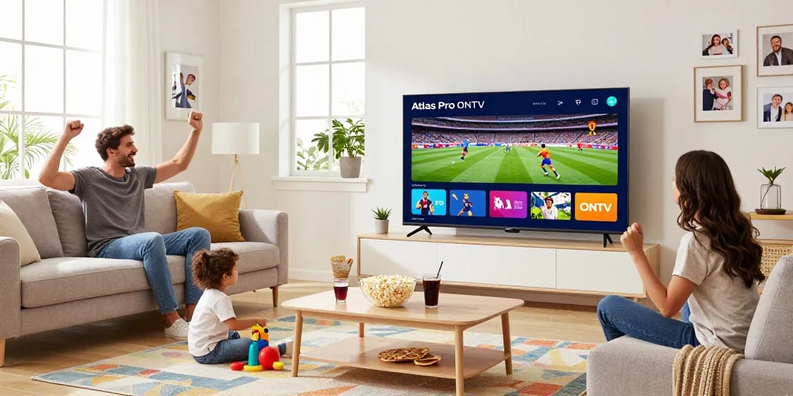 Family enjoying Atlas Pro ONTV in a bright living room with snacks and vibrant TV display.