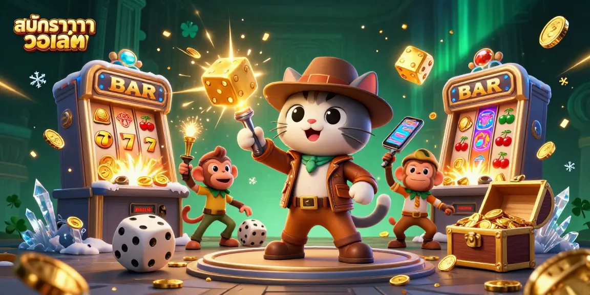 Win big with สมัครบาคาร่า วอเลท, featuring a lively scene of a cartoon archaeologist cat discovering casino treasures.