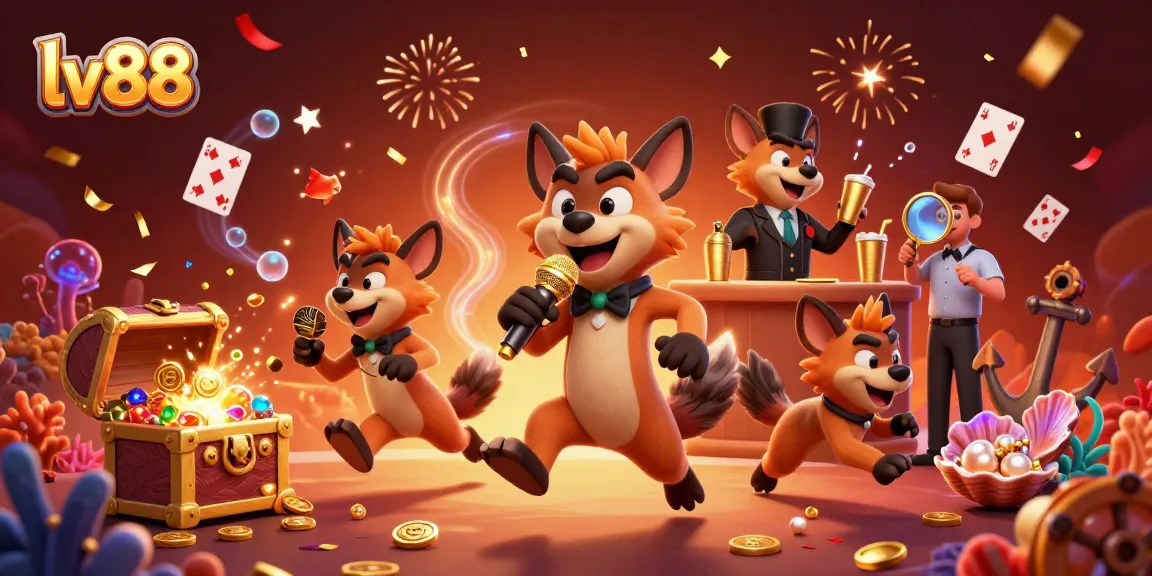 Experience laughter and fun at lv88's comedy casino club with lively hyenas amid gold coins and underwater treasures.