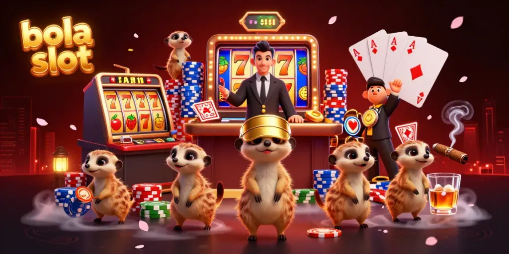 Engaging scene of bola slot action with playful meerkats in a vibrant casino setting, showcasing colorful slot reels and chips.