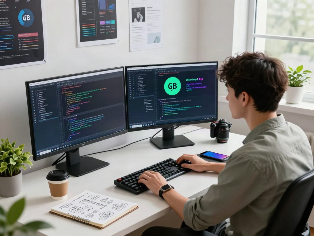 Developer coding the gb whatsapp apk in a modern workspace with dual monitors, coffee, and creative notes.