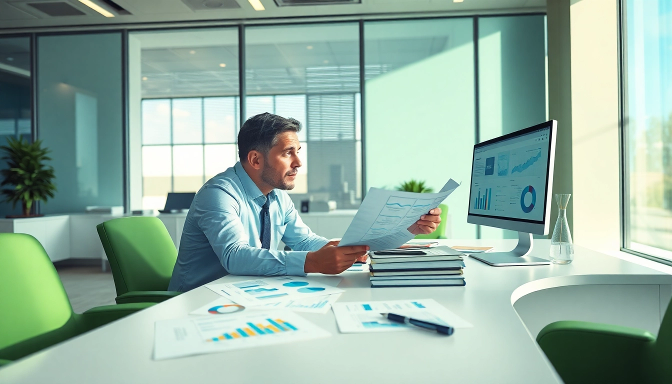 Consultant performing Bid-No-Bid Analysis. in a modern office setting with charts and data.