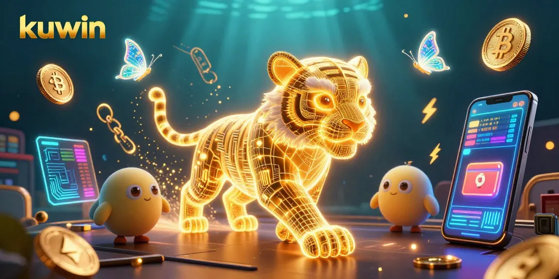 Kuwin offers thrilling gaming with a neon-wireframe tiger in a vibrant digital casino scene.