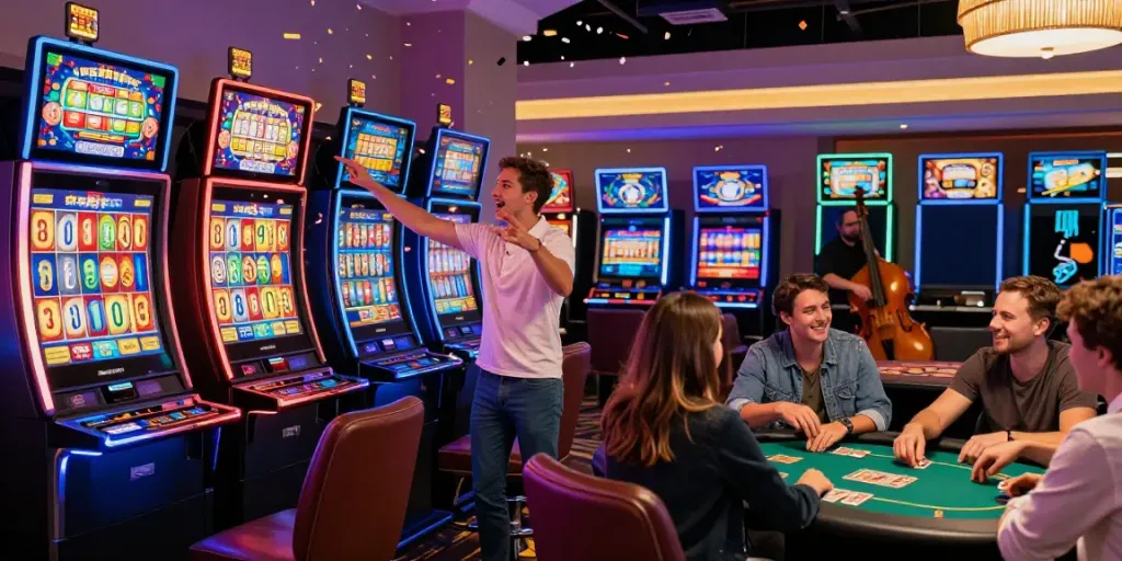 Exciting slot88 gaming lounge with players celebrating a jackpot win, vibrant atmosphere.
