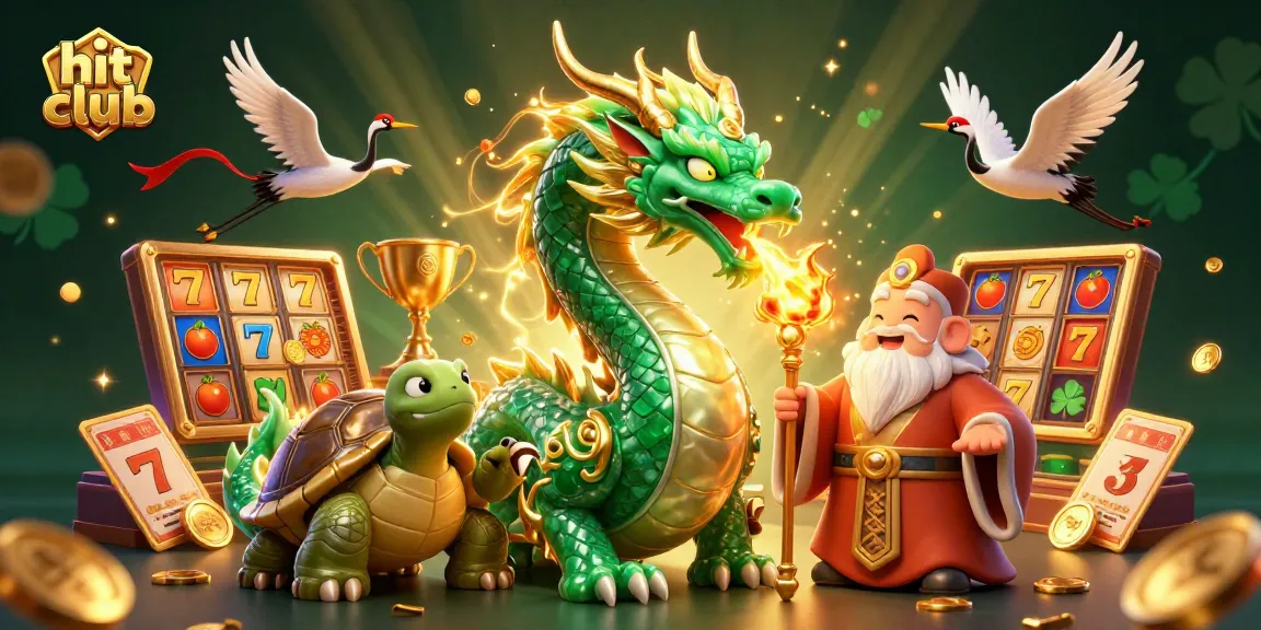 Engage with hit club at the online casino, featuring a dragon and a turtle amidst vibrant gaming elements.