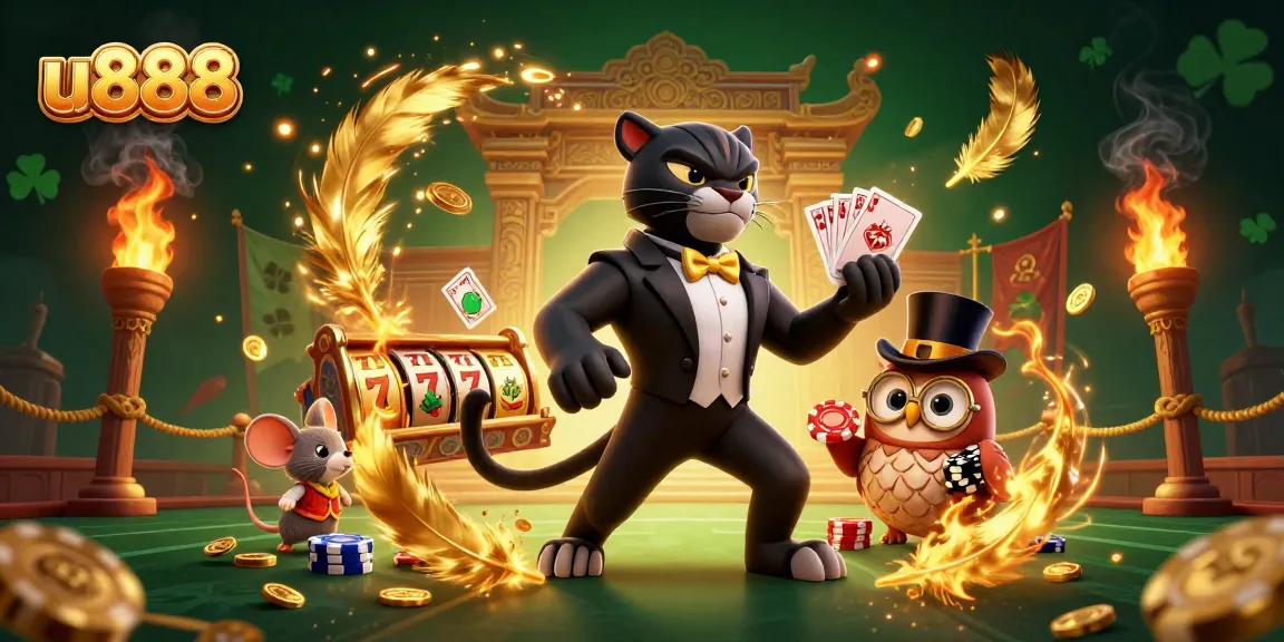 Engage with u888's thrilling slots surrounded by a cartoon black panther, owl, and mouse in action.