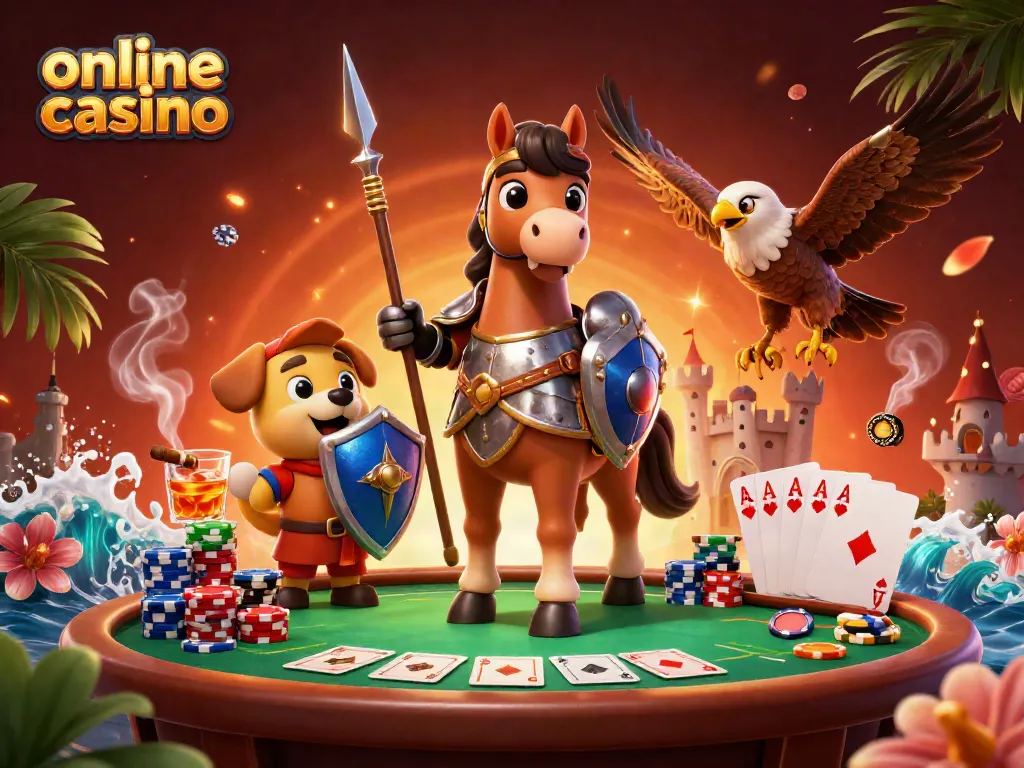Juega en un online casino y gana, rodeado de personajes animados y elementos de juego vibrantes.