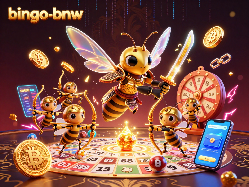 Experience Super Bingo excitement with bingo-bnw as a golden hornet samurai wields katanas in a vibrant 3D scene.