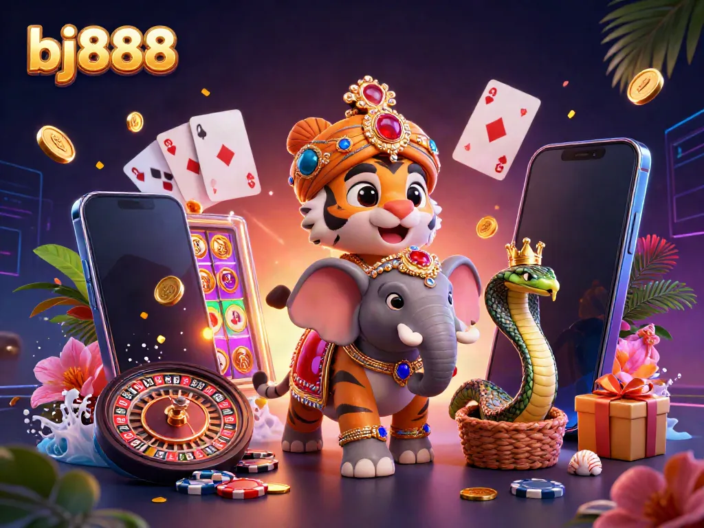Experience bj888 with a lavish scene of a maharaja tiger riding an elephant surrounded by casino elements.