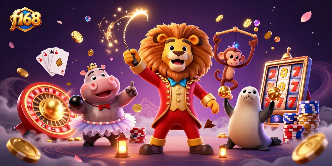 Experience thrilling gaming at f168 with vibrant casino characters, golden coins, and sparkling gems.