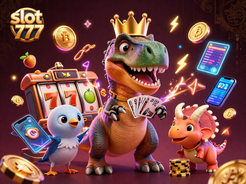 Spin reels and win big with slot 777 as a T-Rex and friends tackle casino fun!