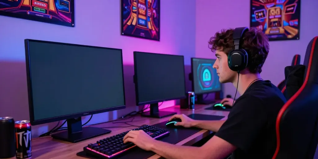 Pengguna menikmati permainan slot777 di ruang gaming modern dengan pencahayaan neon.