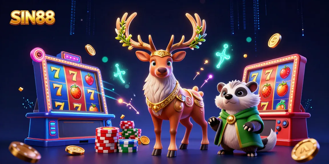 SIN88 brings excitement with a Celtic druid stag, wise badger, and vibrant slot reels, creating an enchanting casino atmosphere.