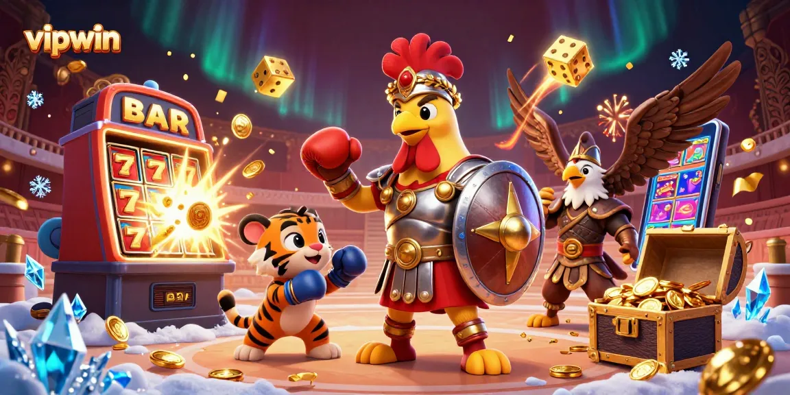 Experience thrilling gameplay at vipwin with a roaring 3D gladiator rooster in a casino arena.